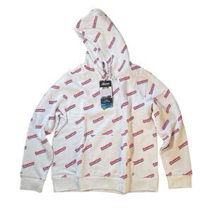 NEW Costco Wholesale Hoodie White All Over Logo Print Sweater Kirkland Vintage